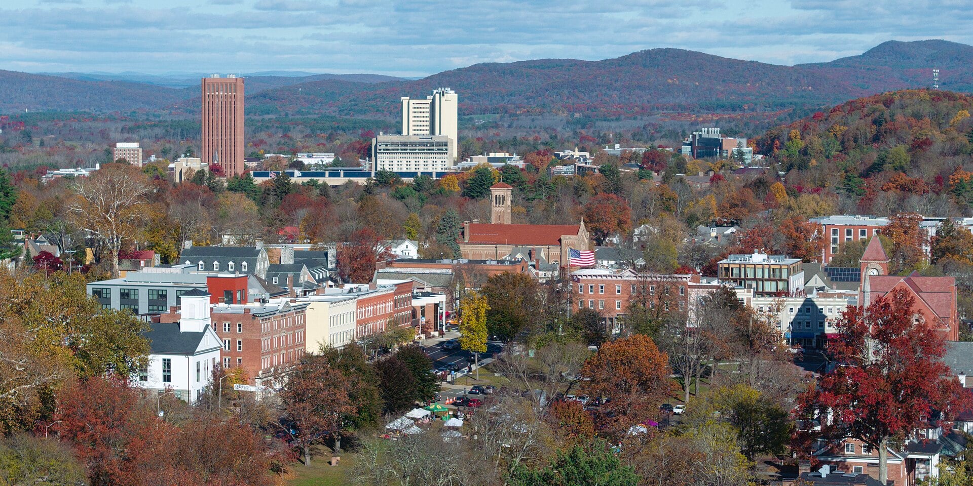 View of downtown Amherst, Massachusetts from above the Amherst College quad