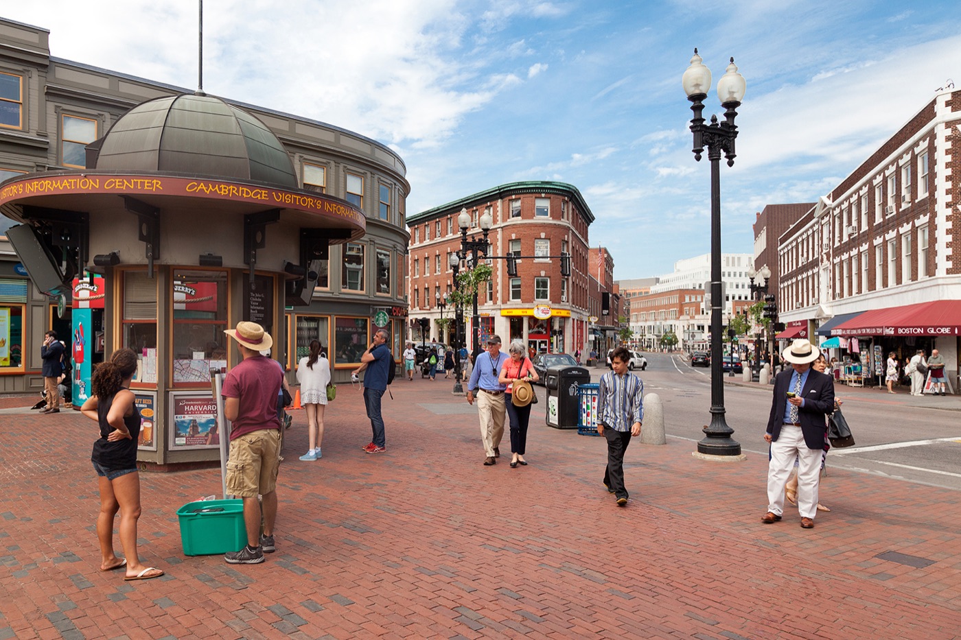 Street-level view of Harvard Square in Cambridge, Massachusetts