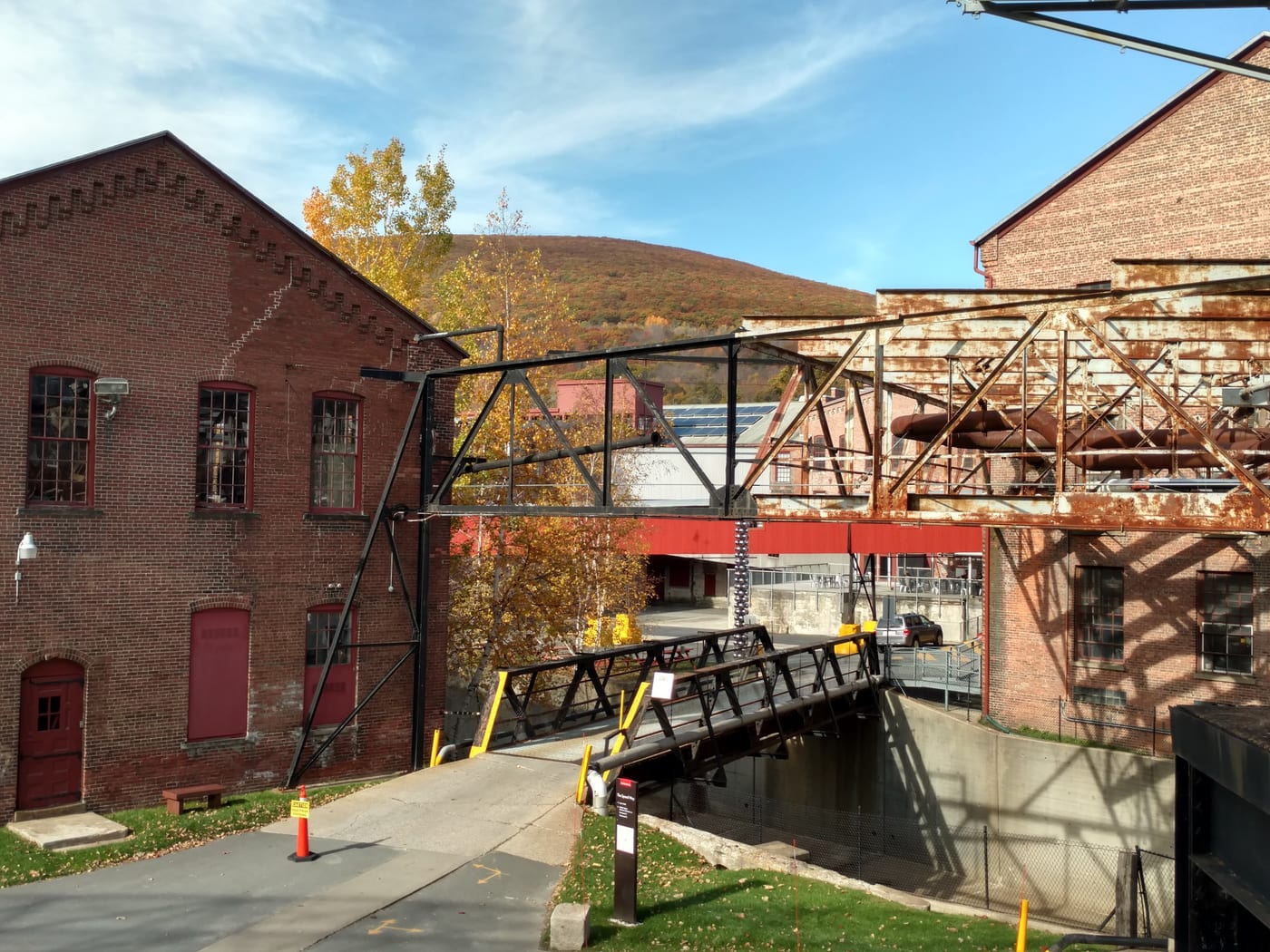Brick mill buildings and campus bridges at MASS MoCA in North Adams, Massachusetts