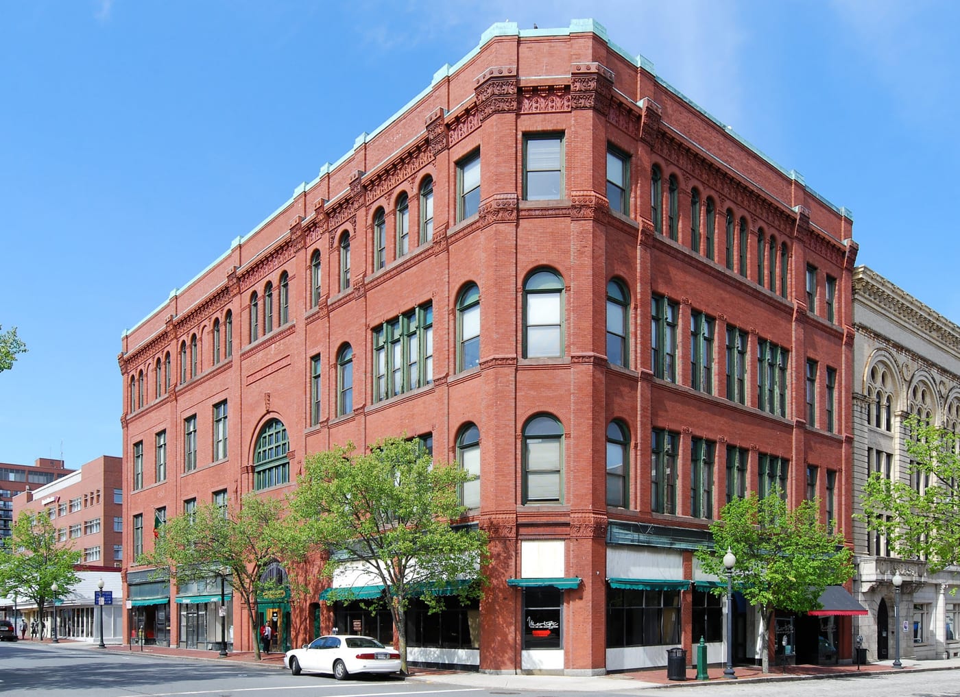 Red-brick downtown street corner in New Bedford, Massachusetts