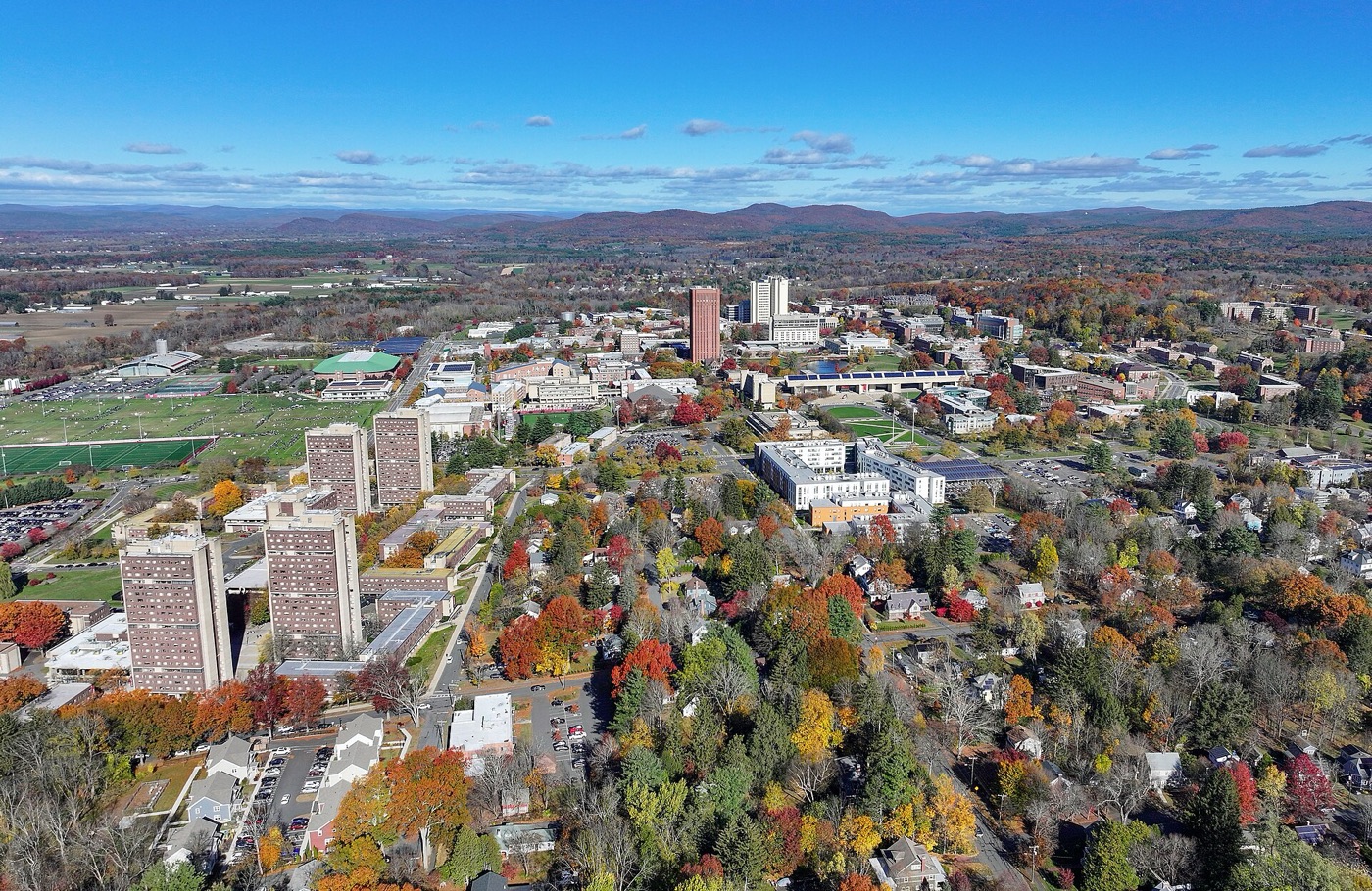 Aerial view of the University of Massachusetts Amherst campus in autumn