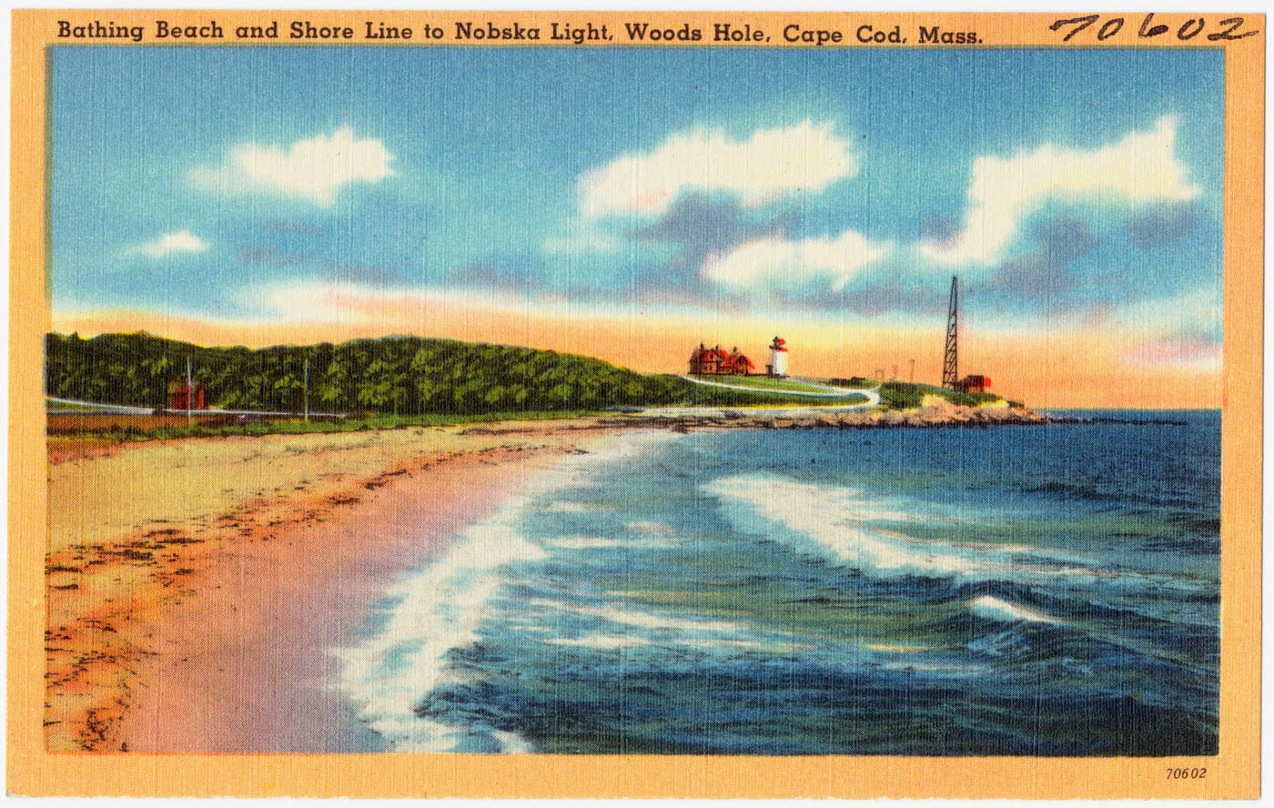 Historic postcard view of a Woods Hole beach and Nobska Light on Cape Cod